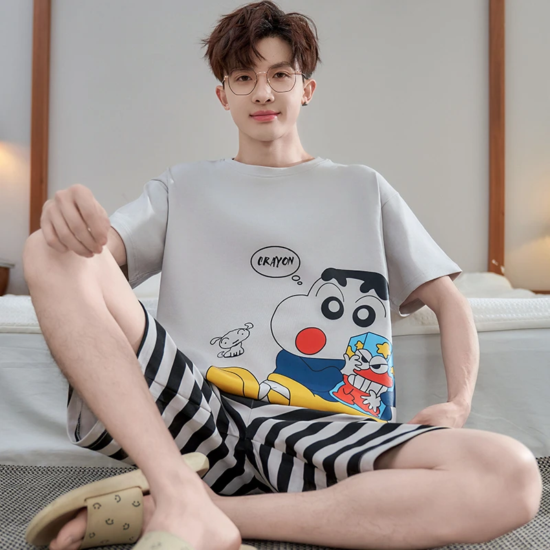 纯棉睡衣男士夏季短袖短裤家居服夏天薄款全棉卡通可外穿大码套装