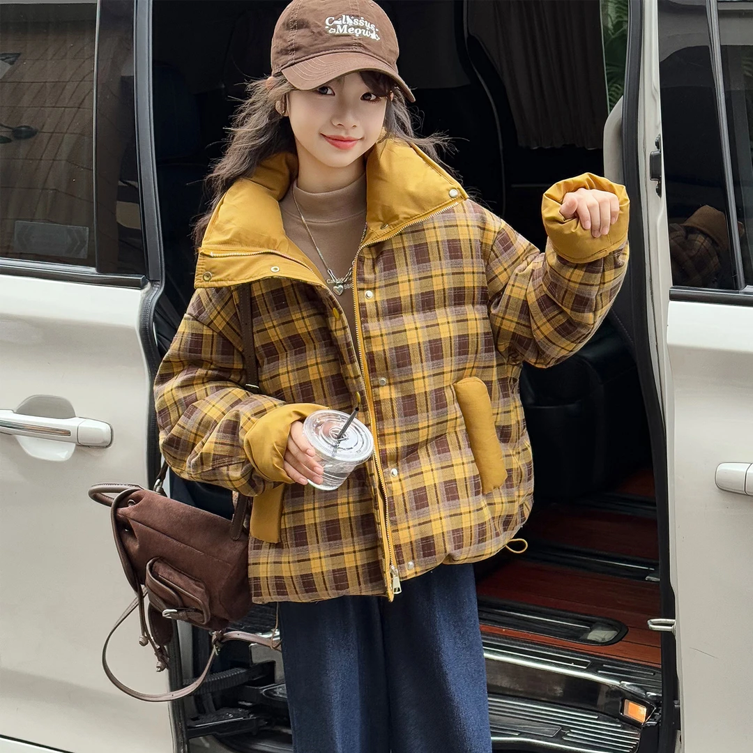 女童冬季格子棉服2025新款韩范女孩加厚保暖学生中大童洋气棉衣