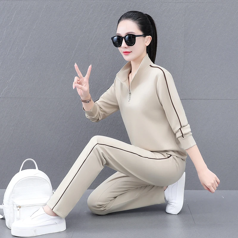 减龄爆款女时尚长袖运动套装立领洋气舒适显瘦新款两件套运动服