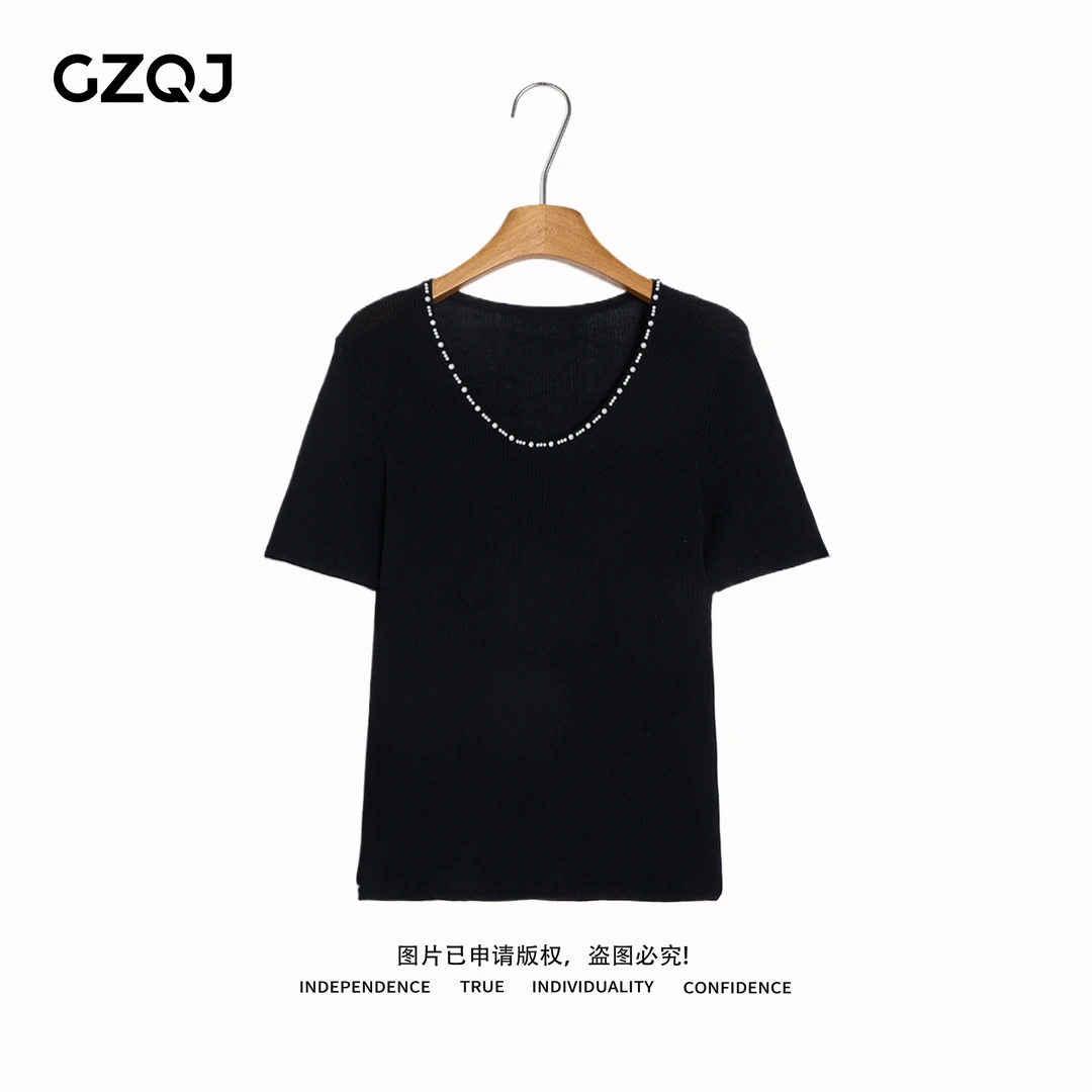 老琴私服【墨海珠裥】欧若风莱赛尔桑蚕丝串珠短袖针织衫上衣女0083