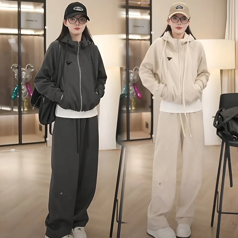 高端气质时尚运动服套装女春秋韩版连帽短外套休闲裤跑步两件套