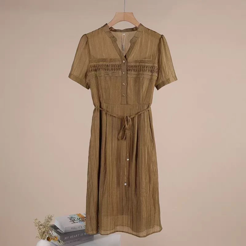 【W6427咖色V】2025时尚优雅百搭洋气款夏季短袖中长款裙