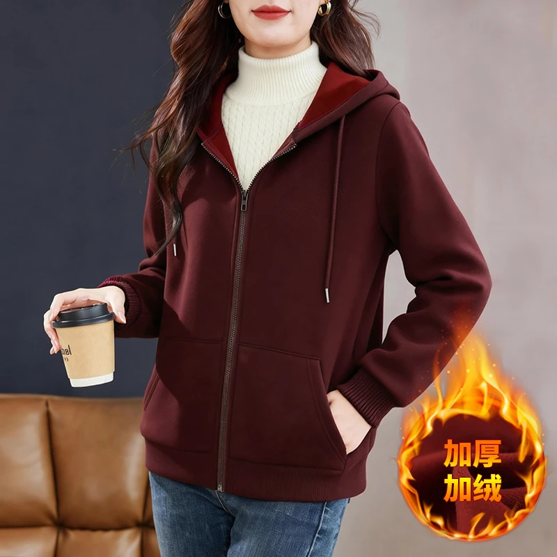 加绒连帽外套女冬新款大码显瘦上衣拉链卫衣宽松休闲长袖T恤胖mm