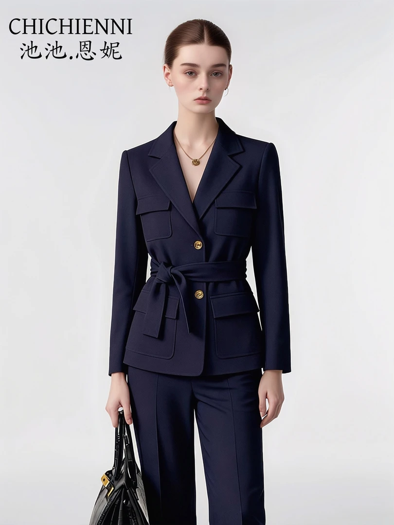 恩妮冬装高端英伦风职场气质百搭牛仔蓝西装套装高腰显瘦直筒裤女