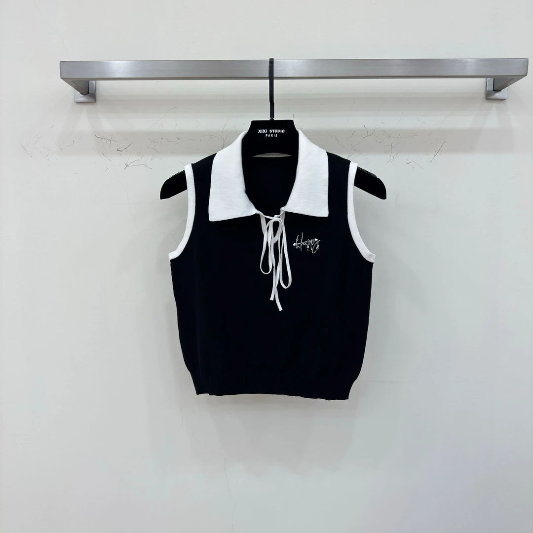 JIAYE CHAN夏季法式学院风翻领撞色系带无袖背心上衣