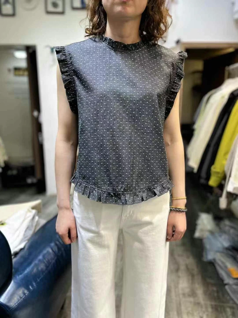 做旧飞飞袖波点无袖圆领夏季衬衫女装拼接小衫9507