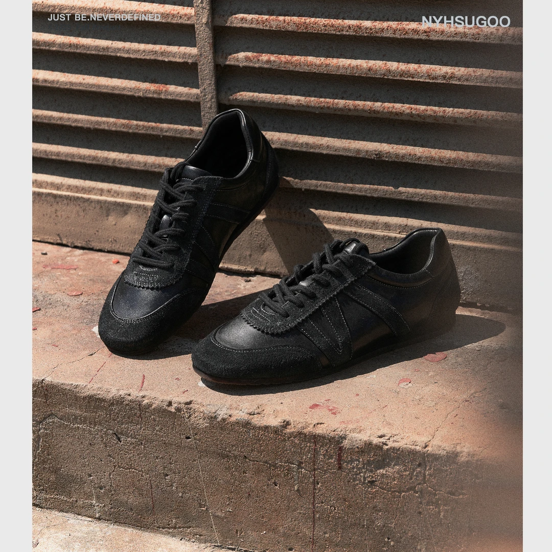 NYHSUGO0/南乙秋冬男士黑色系带薄底鞋马皮极简3765方头德训鞋