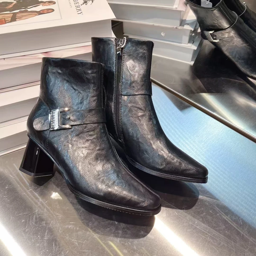 羊皮马丁靴女法式2024秋冬新款方头短靴真皮百搭粗跟靴A4-7708-58