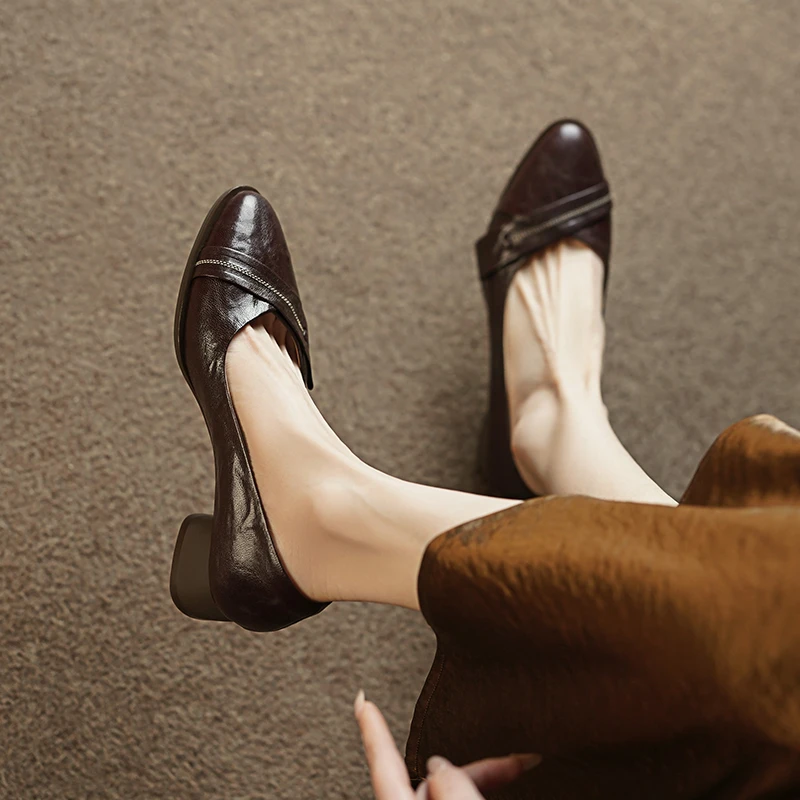 3cm/羊皮/真皮粗跟单鞋女软底软面芒果头春季浅口赫本风中跟女鞋