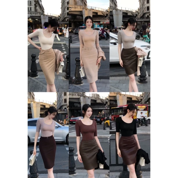 希野逸儿【裸感肌肤t】纯欲U领软糯肤感料抽褶五分袖正肩T恤上衣