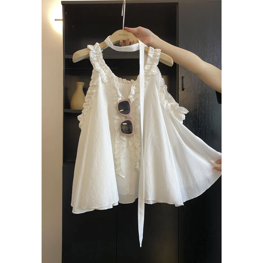 璎婲sᴀᴋᴜʀᴀ【依云幻想】曼原创飘带V领甜美设计感木耳边无袖衬衫