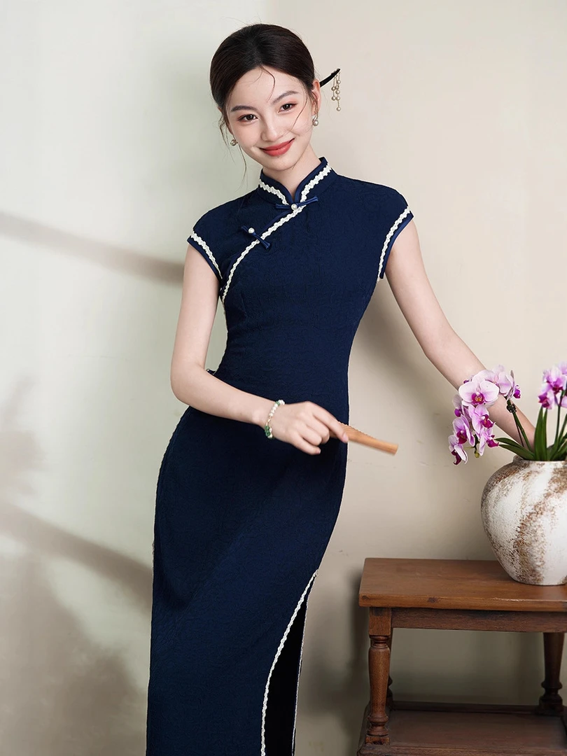 【心懂旗袍-藏蓝色包肩袖显白柔软舒适夏季长款旗袍