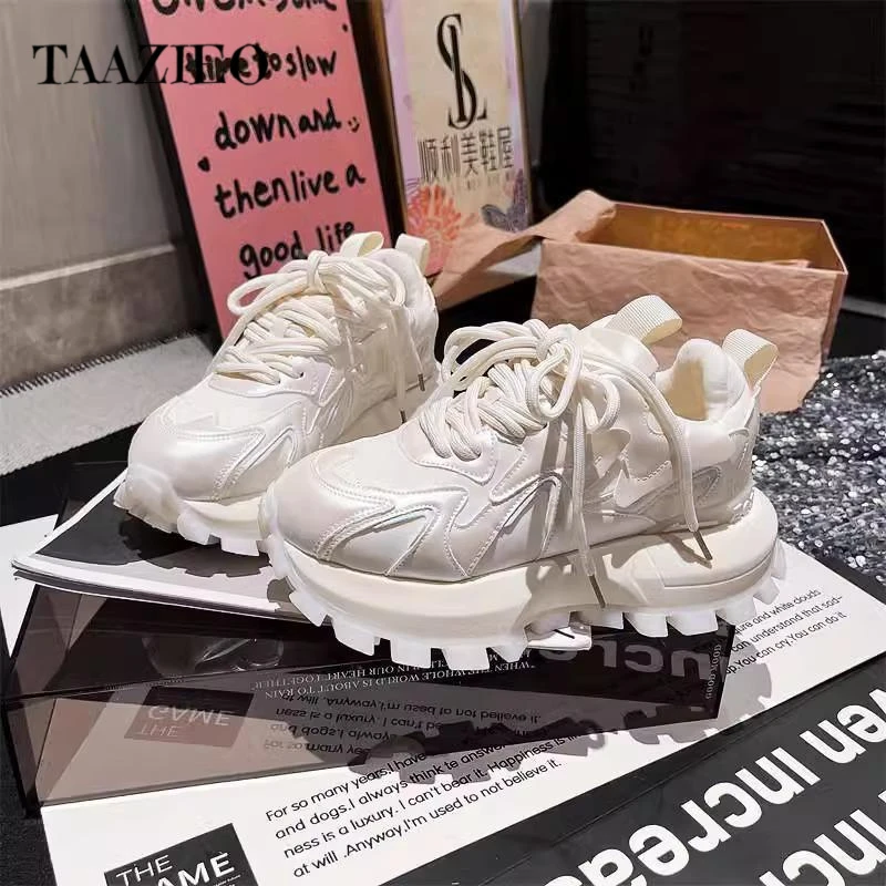 TAAZIEO欧洲站珠光系带厚底松糕老爹鞋女显瘦小蛮腰运动鞋小白鞋