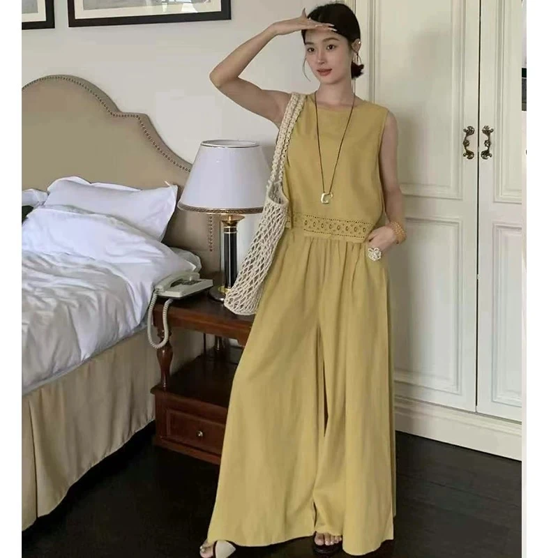 【赠送运费险】新款花边时尚夏季减龄上衣阔腿裤无袖两件套A37258