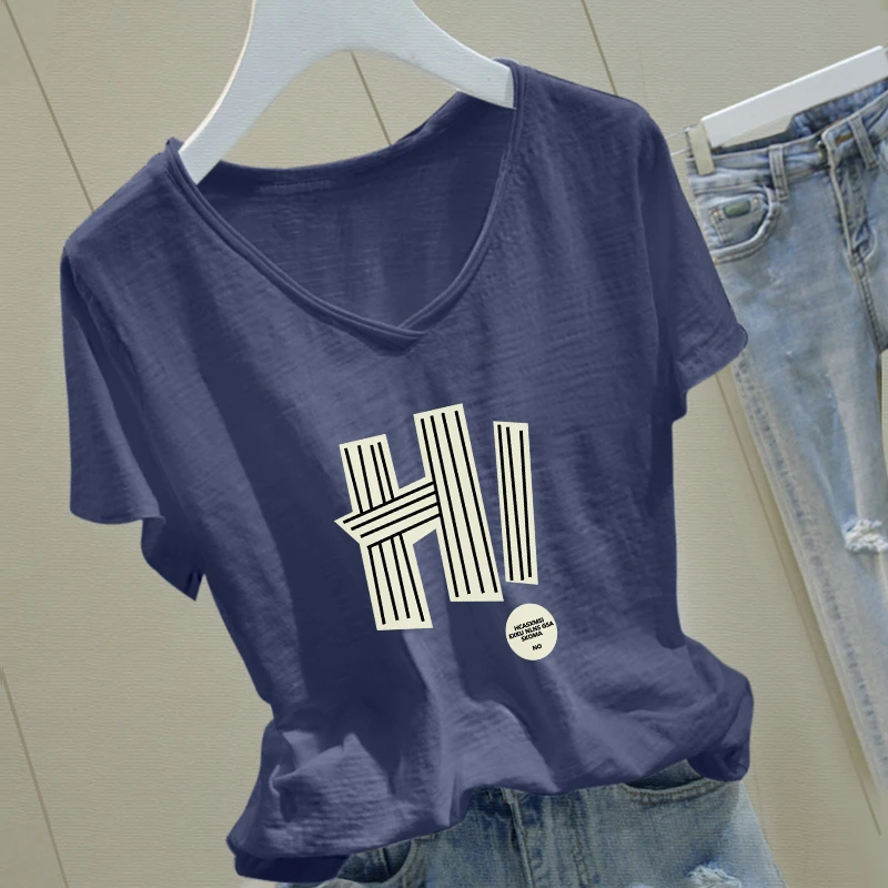 卷边V领竹节棉宽松短袖t恤女士夏季纯棉印花洋气时尚气质显瘦女装