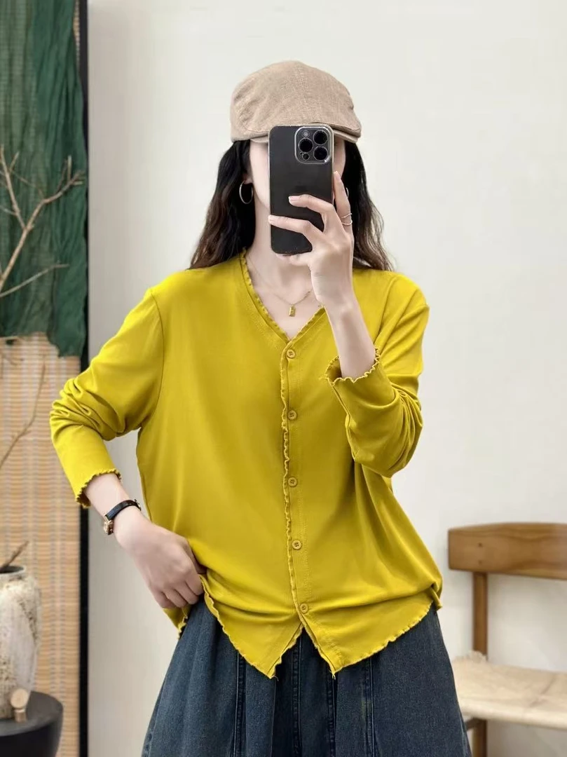 秋季早秋新款韩系木耳边花边V领摩卡棉薄款长袖小开衫亲肤柔软