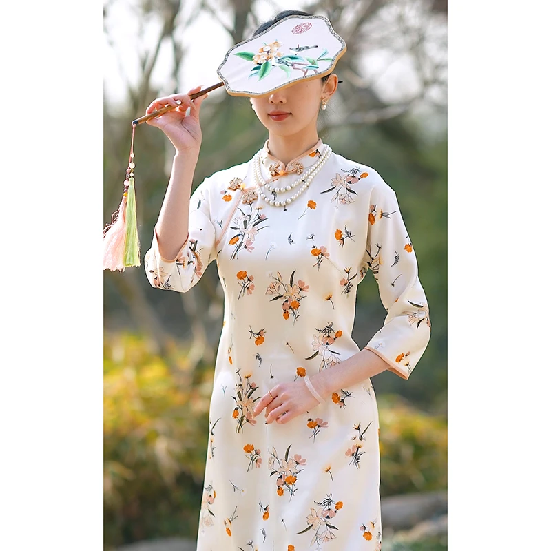 金吴针 56714 古法中国风旗袍醋酸改良A版裙气质显瘦七分袖日常