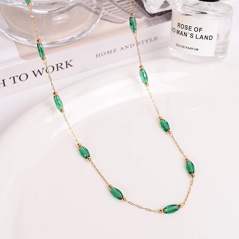 钛钢项链 新中式薄荷绿色串珠项链女轻奢气质时尚锁骨链配饰品