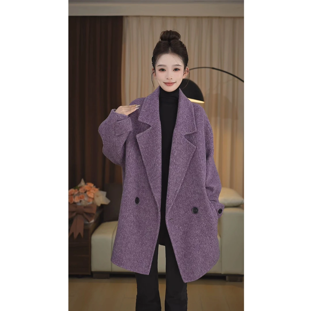 【】西装领厚款高品短款秋冬毛呢外套宽松设计师双排扣25527