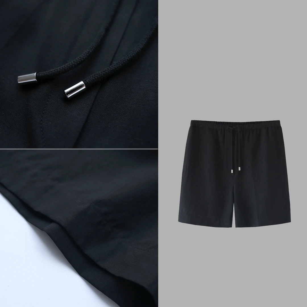 凯特丝蓓1949#夏新经典黑色直筒显瘦松紧腰压褶抽绳短裤1-445