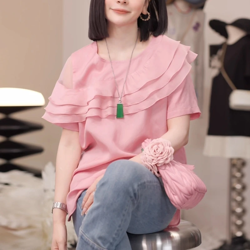 荷叶边粉色短袖衬衫女2025夏季宽松时尚减龄设计感超好看显瘦上衣