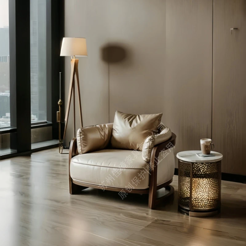 北美黑胡桃木实木单人休闲椅沙发椅现代客厅家用单人椅真皮家具