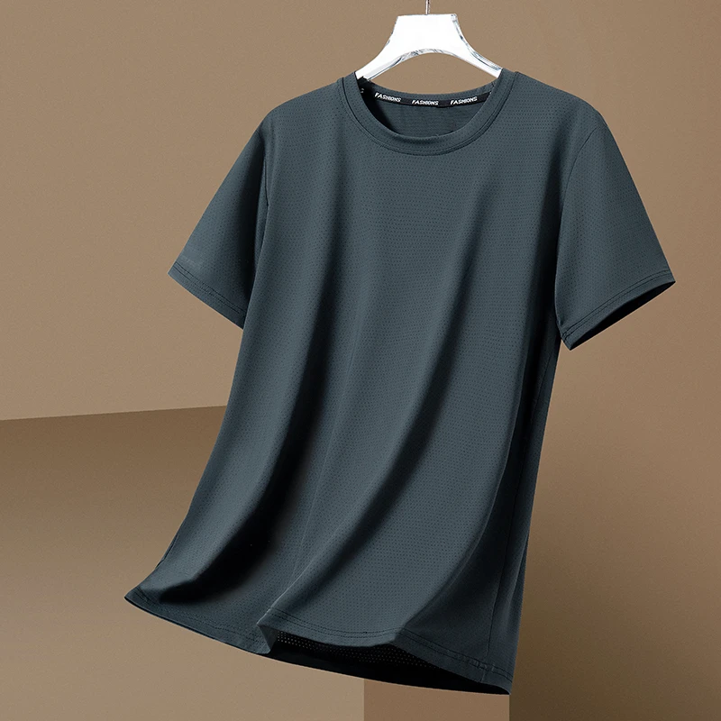 夏季冰丝t恤男圆领速干衣短袖薄款透气半袖大码上衣男运动宽松潮