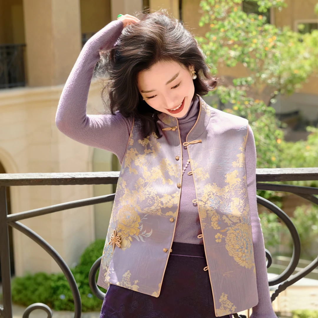 西子/【紫金褂】新中式重工牡丹花提花双面穿紫金色马甲/MJBH1056