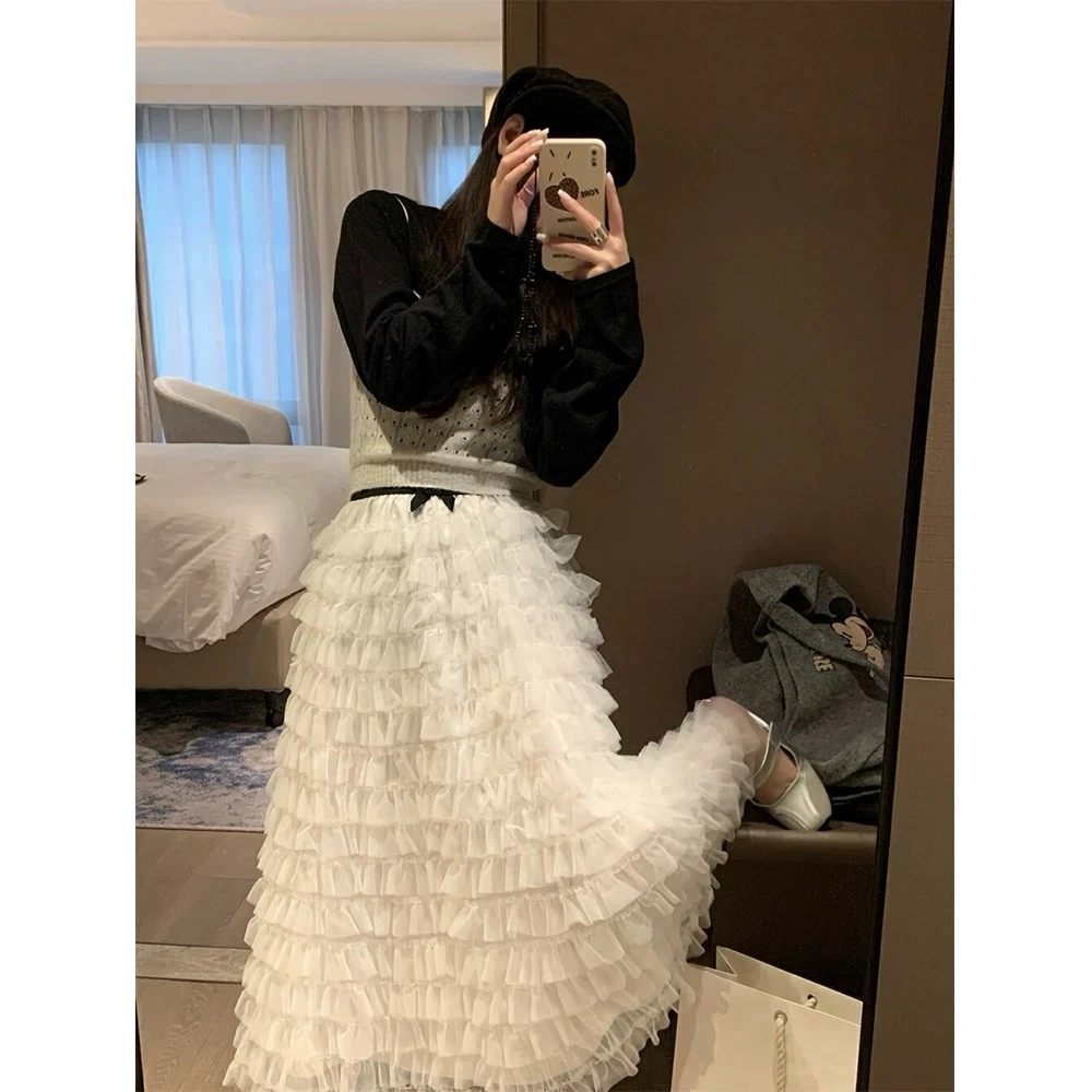 陈瑶同款白色蛋糕群纱裙小蝴蝶结大摆仙女裙2025年春夏新款半身裙