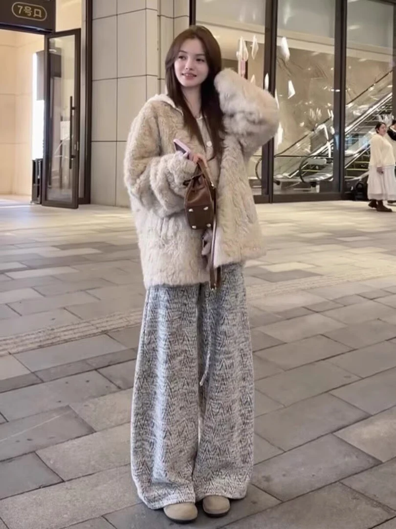 冬季小香风保暖毛绒外套+阔腿裤松弛感慵懒风休闲巨好看的两件套