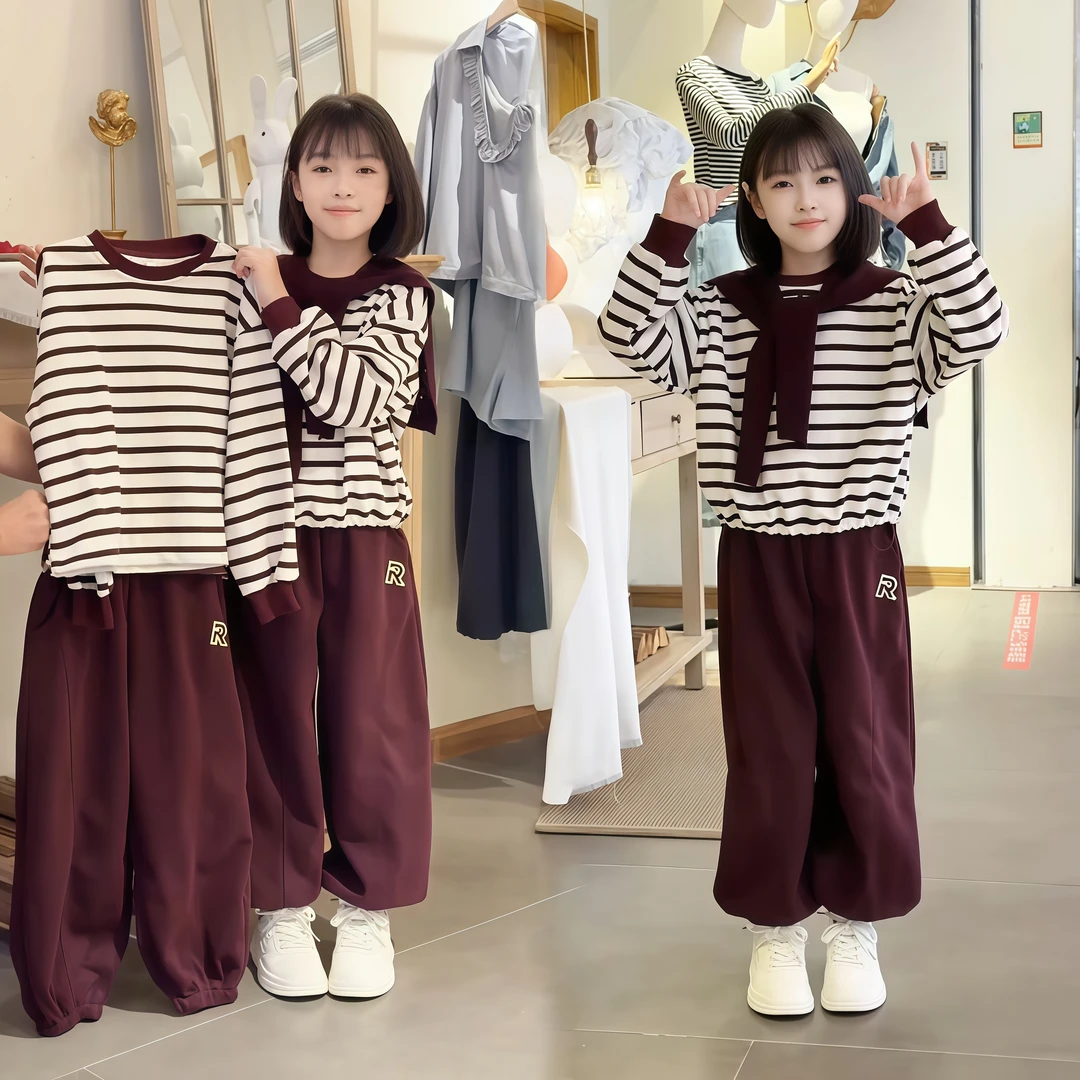 韩版2025新款女休闲秋季春秋女中大童休闲风上衣条纹童装套装长袖