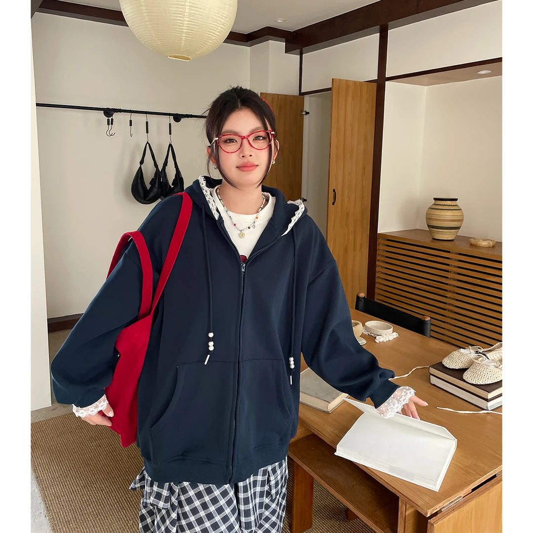 【现现专场】女装连帽卫衣韩系慵懒风大码胖mm设计感拼接蕾丝外套