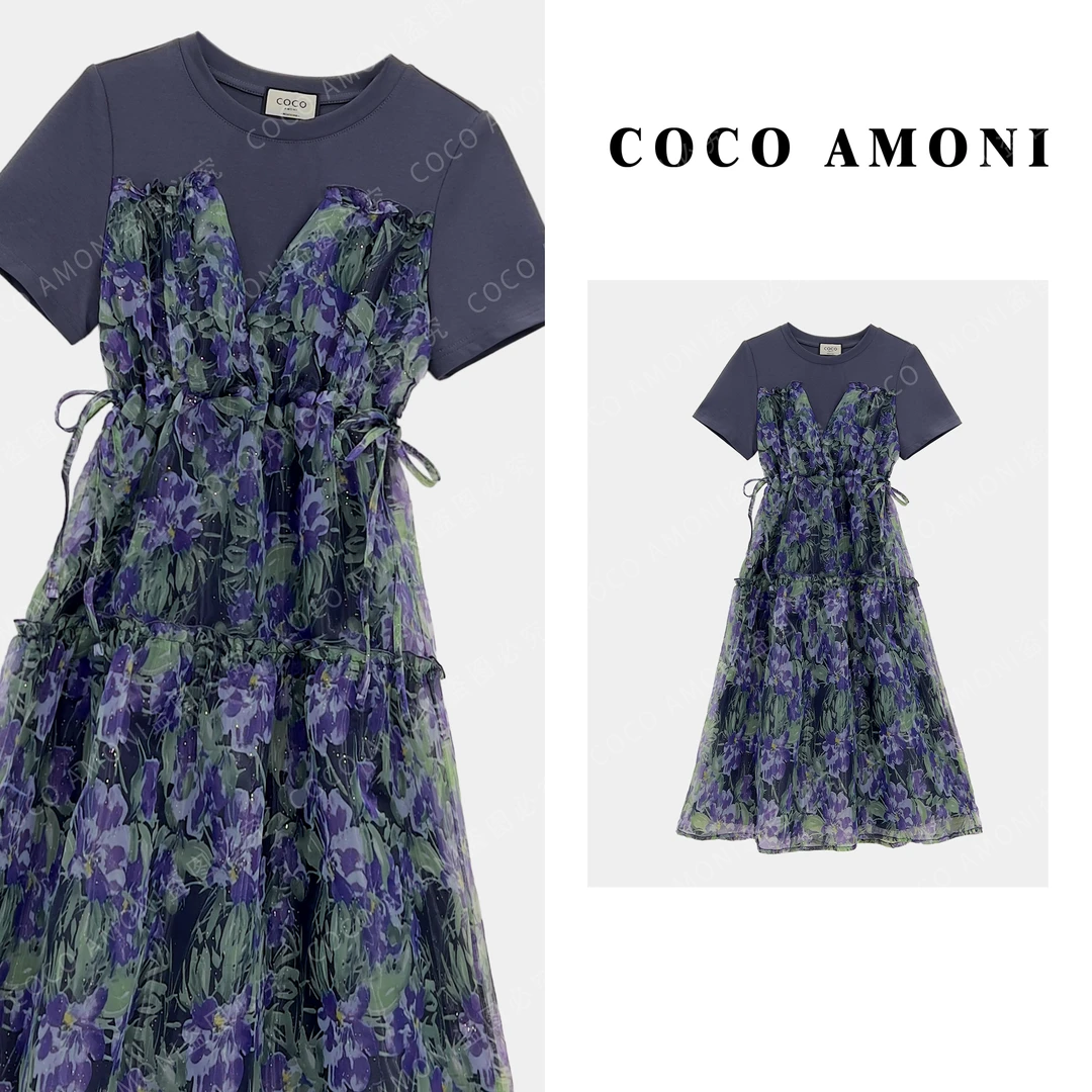 {曼姐}新款灰色假两件拼接款大裙摆遮肉显瘦连衣裙ZC466