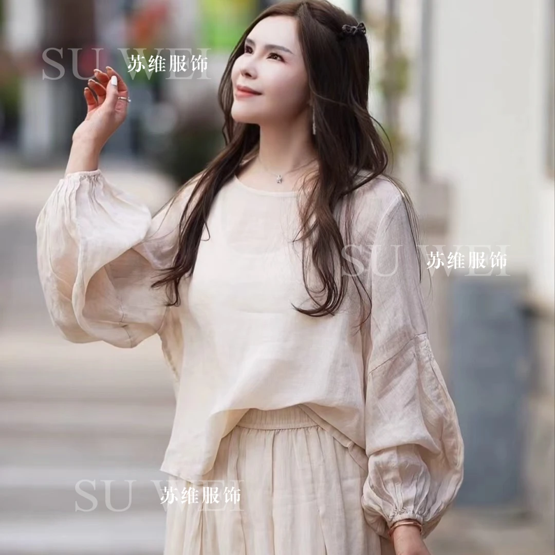 9313夏季纯苎麻衬衫宽松显瘦文艺风圆领灯笼袖百搭上衣
