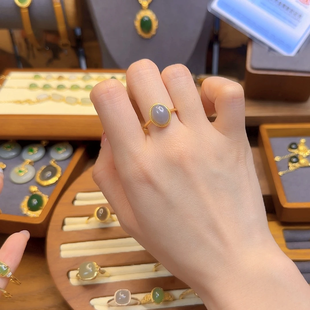 和田玉戒指银S925镀金镶嵌