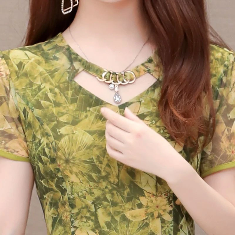 印花修身中年女妈妈裙连衣裙2025夏季新款显瘦收腰网纱中长款裙子