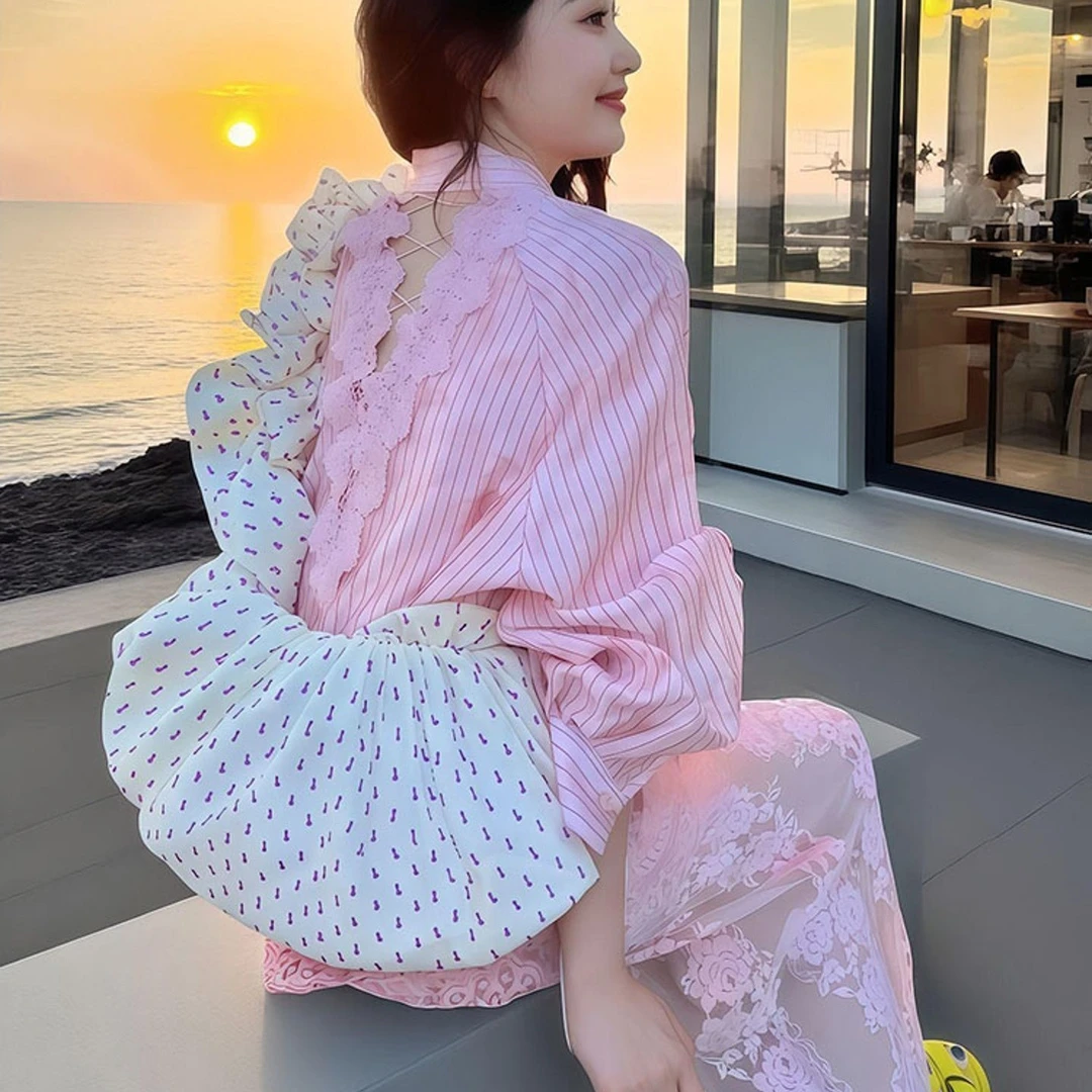 2025超火穿搭一整套多巴胺独特绝美漂亮粉色条纹衬衫套装裙女秋季