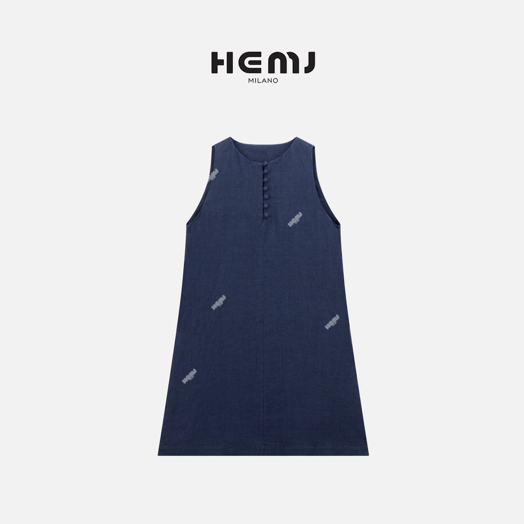 HEMJ 和梦洁夏季半开纽扣无袖连衣裙纯色圆领A字裙 CC1B0877