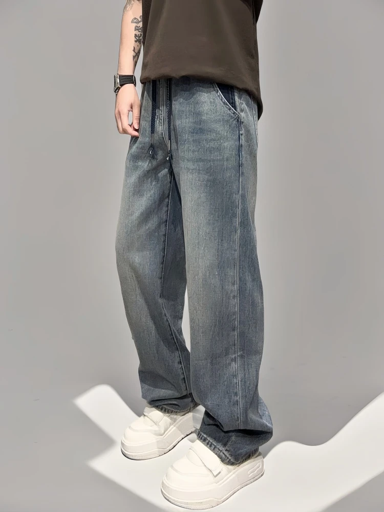 春夏新款青年水洗牛仔裤男阔腿痞帅直筒蓝色简约休闲宽松长裤潮