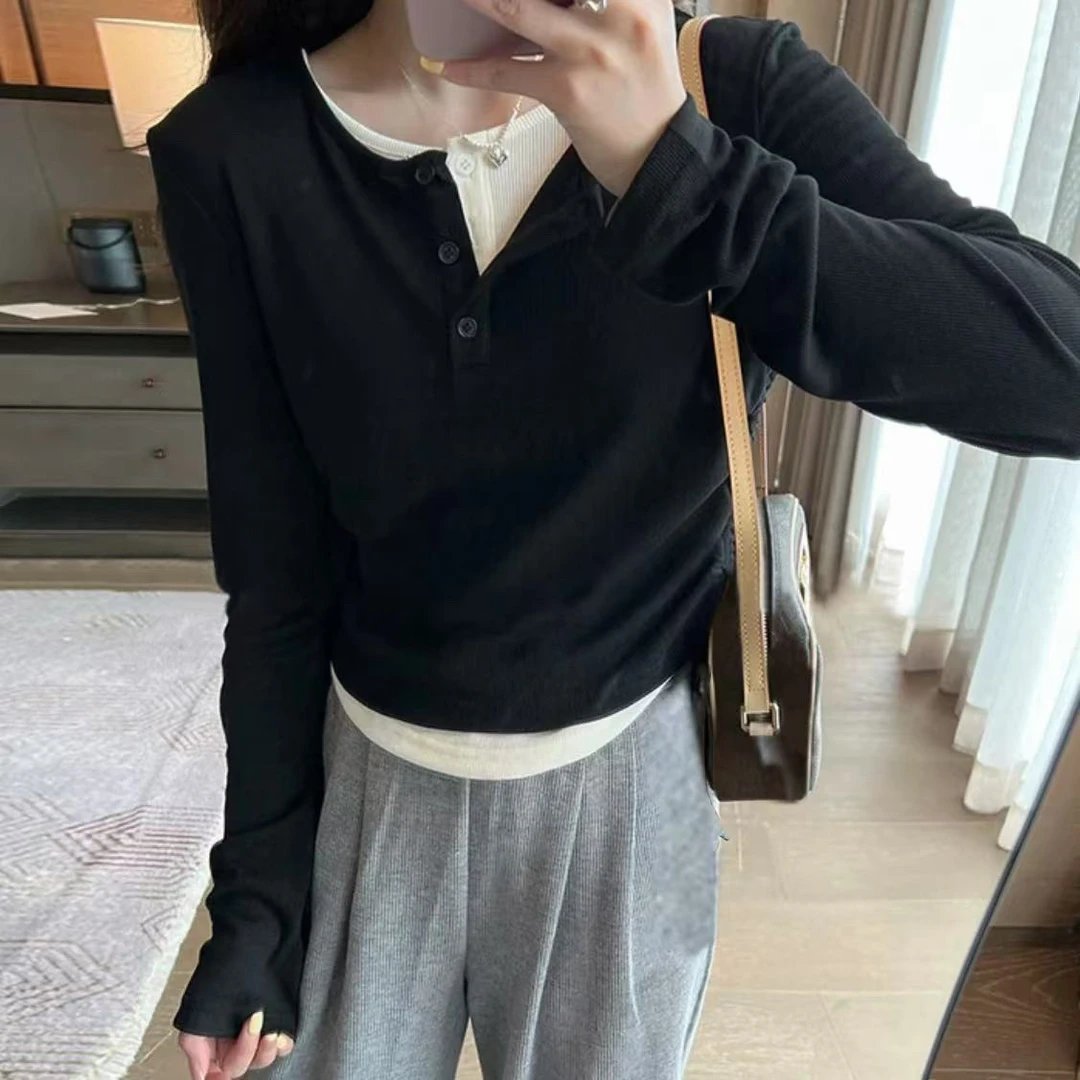 新款大码韩版假两件女上衣2025时尚洋气打底衫春季长袖t恤/5012