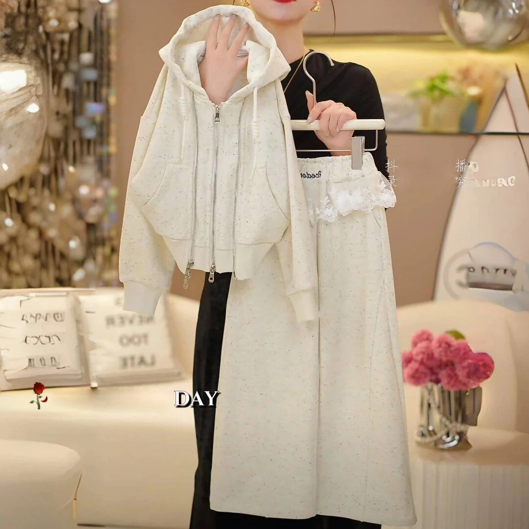 女童2025春季新款连帽纯色卫衣百搭长裤套装拉链两件套潮