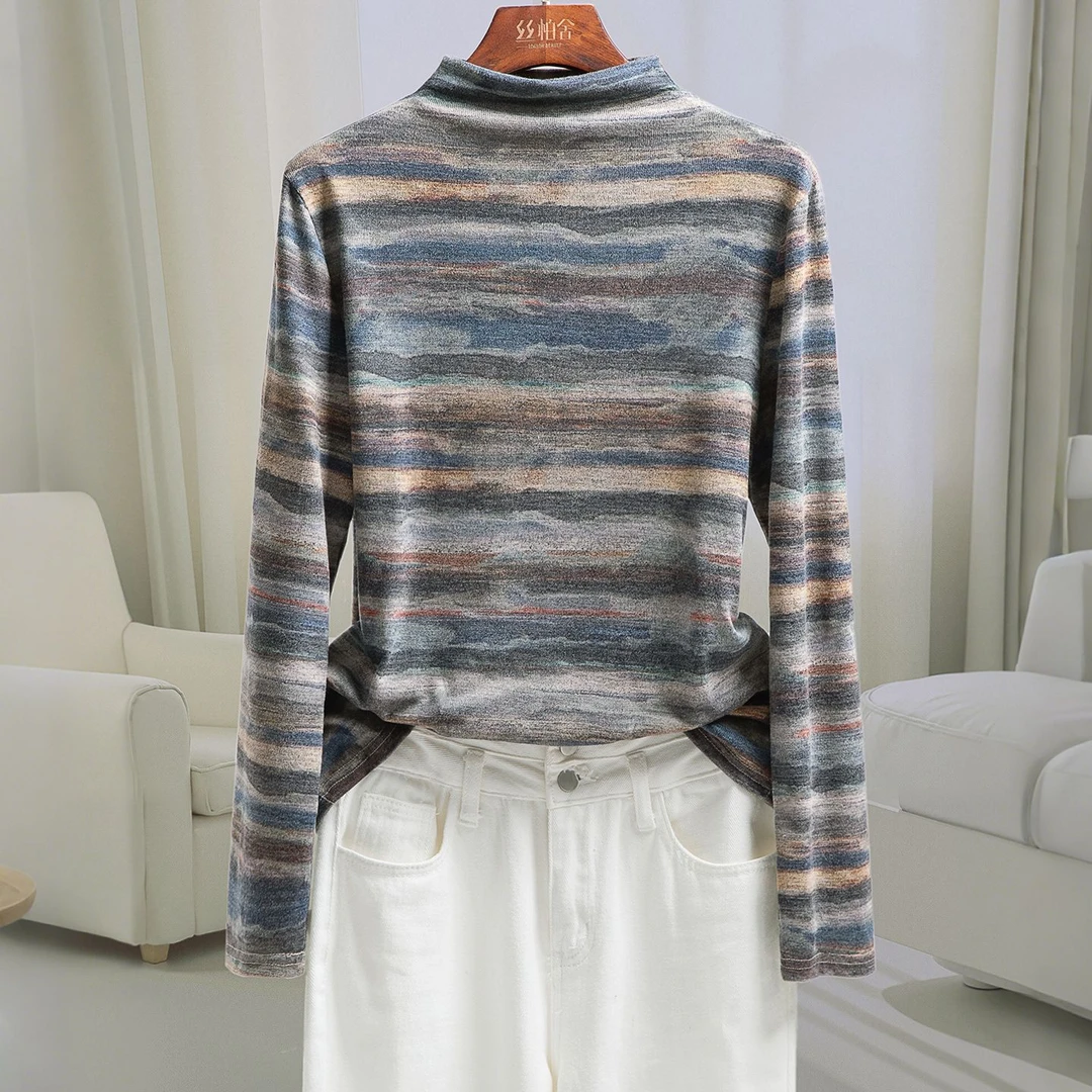 100%正品撤柜 文艺风羊毛衫 半高领 山水条纹打底衫 秋冬保暖小衫