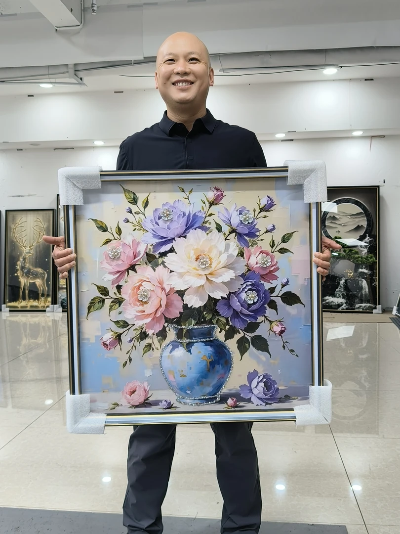 钢化玻璃【花开富贵】花瓶餐厅装饰画饭厅卧室挂画简约牡丹花70-70