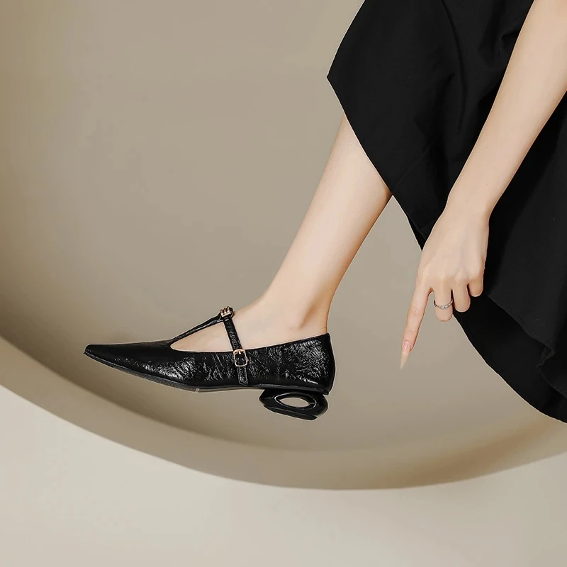 法式百搭一字式扣带平底浅口一字扣皮鞋低跟单鞋尖头中跟粗跟