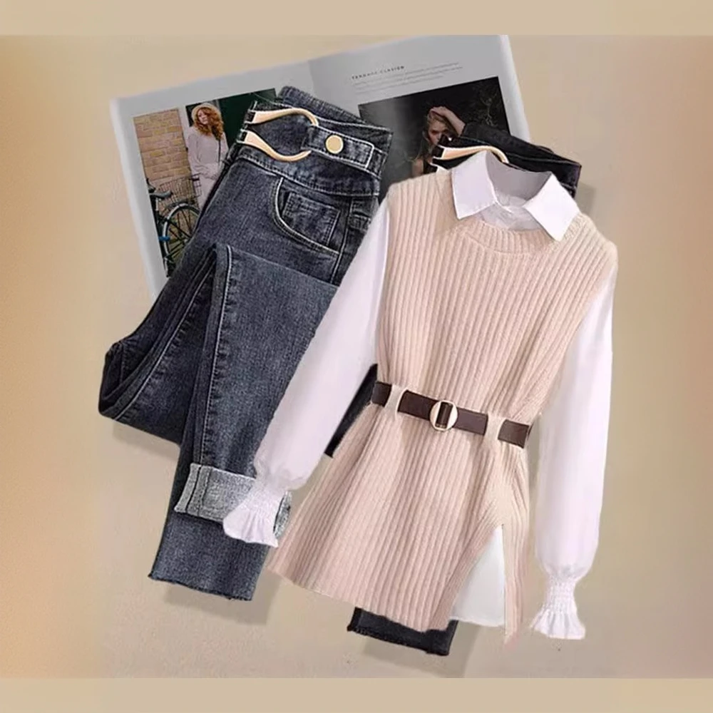 19111912#套装女气质港风针织马甲打底衬衫显瘦牛仔裤三件套