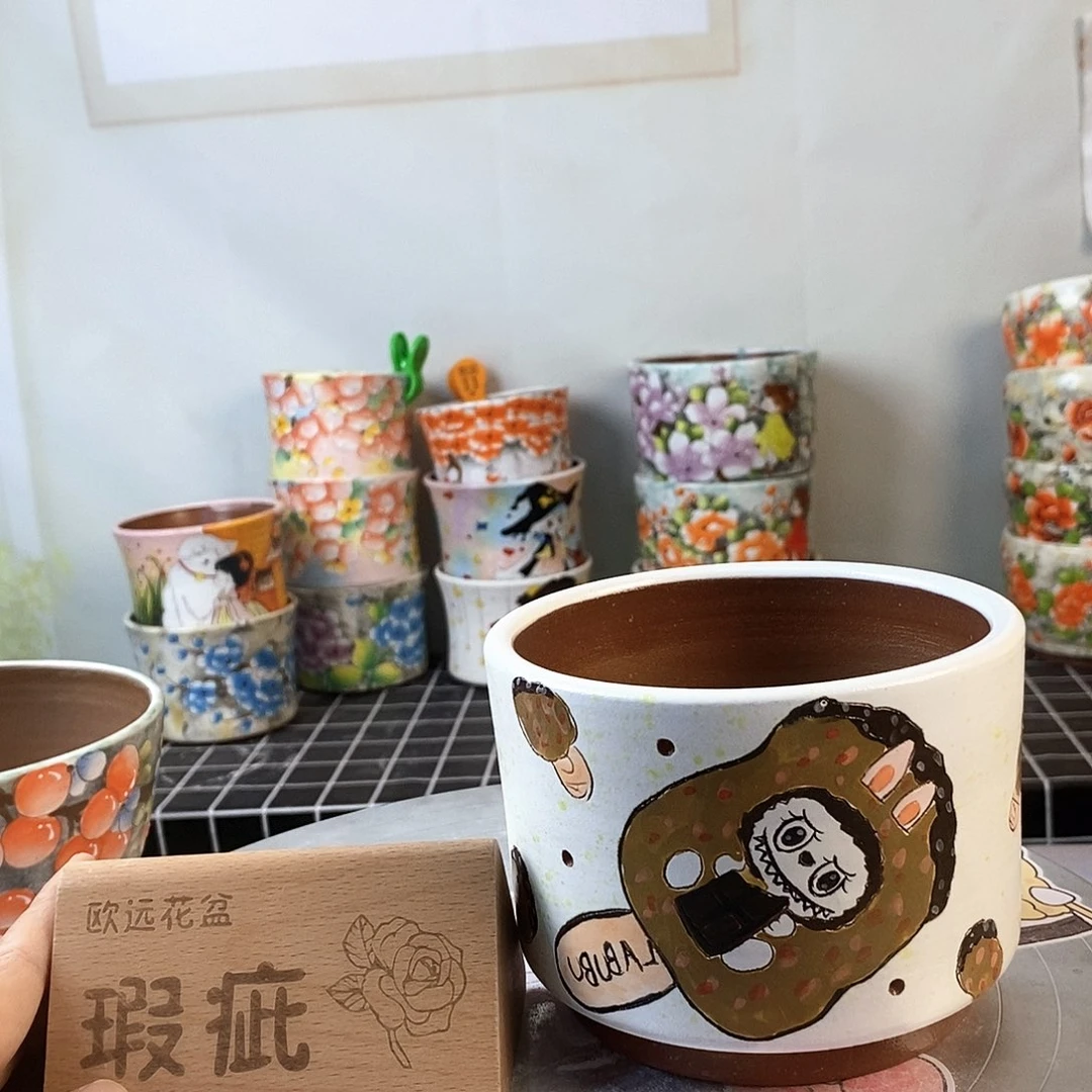 紫砂花盆红陶手绘花盆
