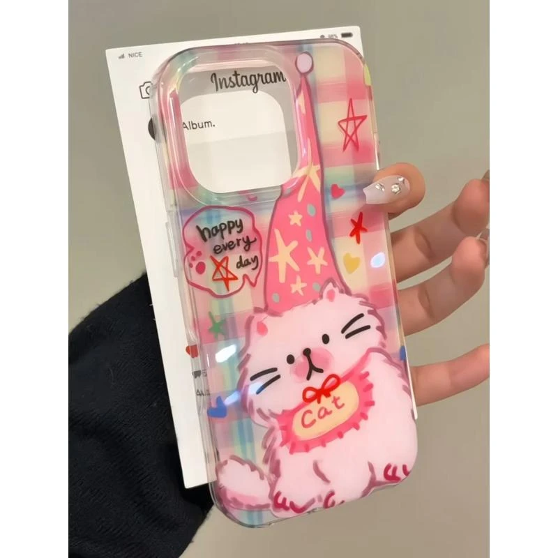 欧克里里彩格子高帽猫咪适用苹果16/15大孔手机壳华为vivo小米15o