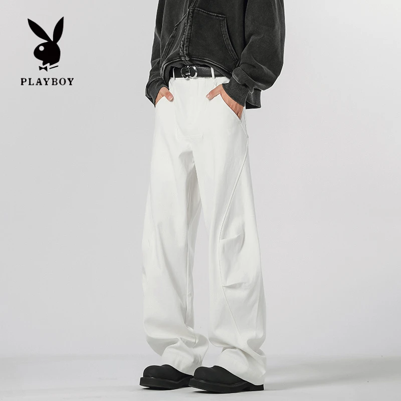 花花公子美式白色弯刀裤子男秋季潮牌阔腿长裤高街复古褶皱休闲裤