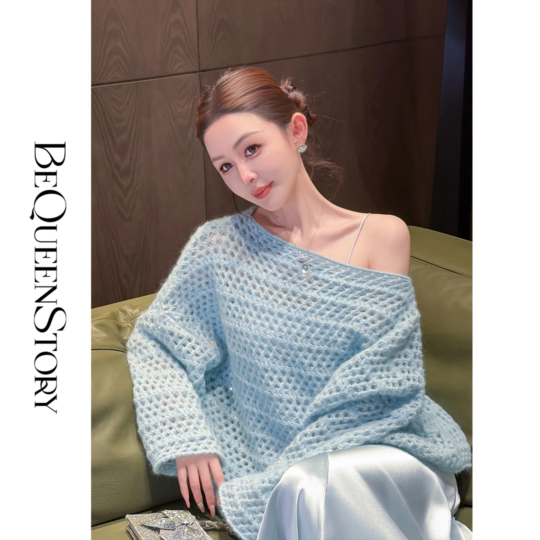 余潇潇【慵懒舒芙蕾】马海毛羊毛混纺宽松镂空洞洞罩衫外搭针织毛衣