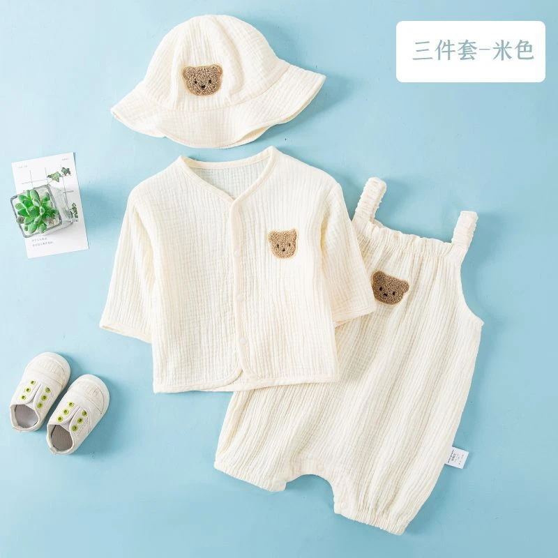 婴儿连体夏季衣服薄款棉纱套装可爱男女宝宝无袖吊带哈衣爬服